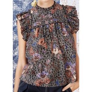 Ulla Johnson Louise Blouse Floral Print High Neck Size 4 Ruffle Short Sleeve Jet